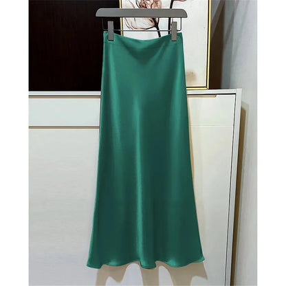 2025 Black Satin Skirt Women High Waist Elegant Long Skirts Street Fashion Summer Midi Skirt Office Slim Sexy Vintage Skirts