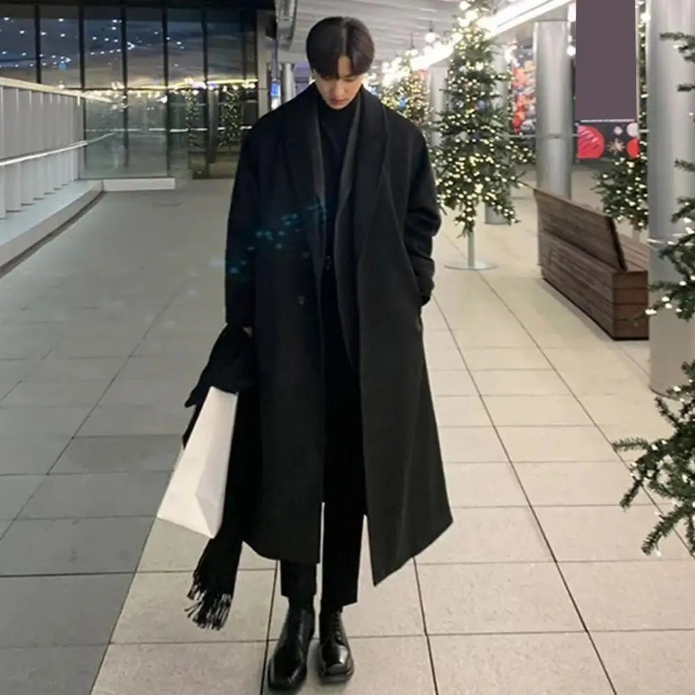 Korean Trend Men's Loose Casual Single-breasted Overcoat Autumn Winter Fashion New Long Sleeve Woolen Long Coat