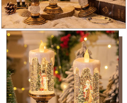 Christmas decorations: candles, crystal lights, cartoon snowflakes, birthday and Christmas gifts, scene setups