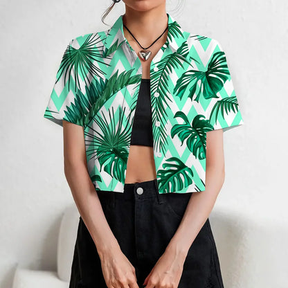 Women's Lapel Button Tank Tops Shirts Summer Casual Short Sleeve Shirts 3D Cherry Printed Women's Clothing Navel Exposed Shirts