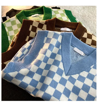Men's Checkerboard Plaid V-neck Knitted Vest Female Spring Autumn Loose Couple Sweater Coat Sleeveless Vests Casual Tops