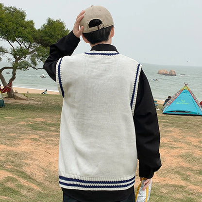 Men's Classic Contrast Color Thermal V-Neck Comfortable Cardigan Sleeveless Slight Stretch Solid Vest Simple Loose Waistcoat Tops