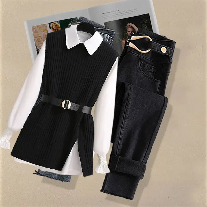 2025 Autumn Increased Size Korean Popular Chiffon Shirt Knitted Sweater Jeans Three Piece Elegant Women's Pants Set Tracksuit