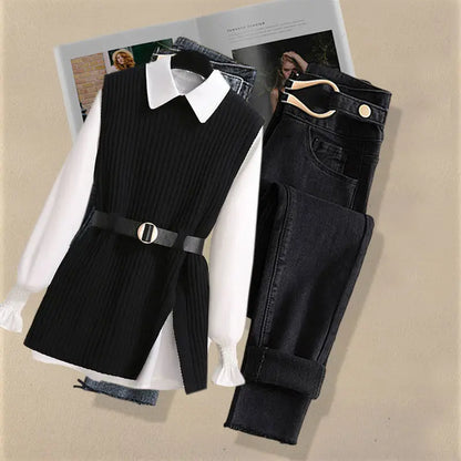 2025 Autumn Increased Size Korean Popular Chiffon Shirt Knitted Sweater Jeans Three Piece Elegant Women's Pants Set Tracksuit