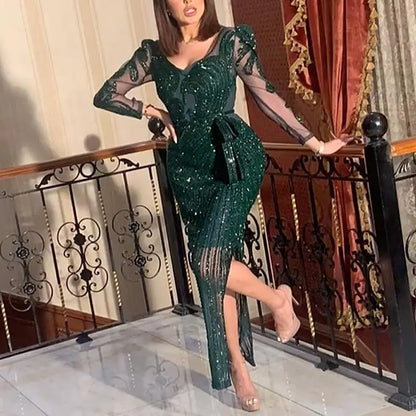 2025 New Fashion V-neck Sparkling Hot Printed Green Long Sleeve Evening Dress Evening Dress for Women  party wedding Vestidos