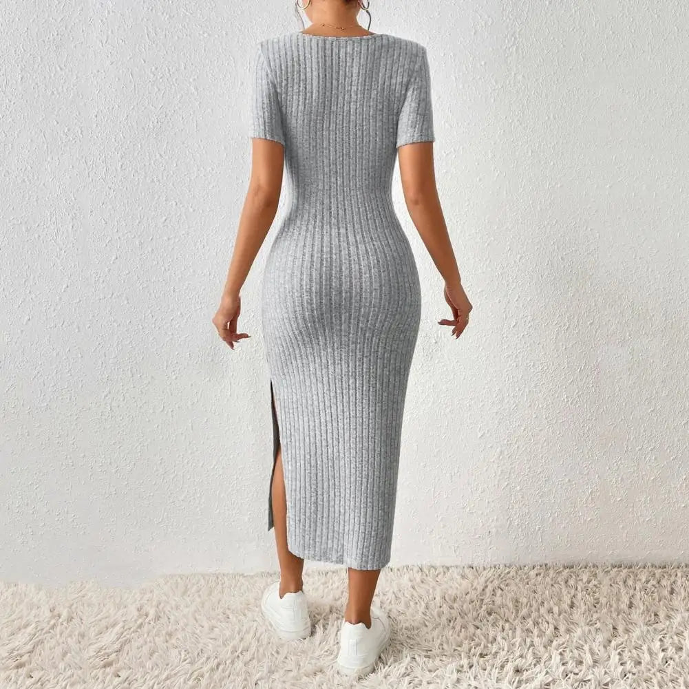 Women Summer Dress Split Hem Knitted Elastic Mid-calf Length Knitted Slit Dress Lady Party Commute Casual Ins Style Midi Dress