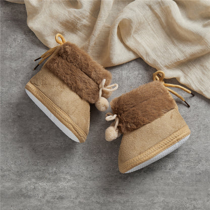 Suefunskry Toddler Baby Girls Boys Boots Winter Warm Soft Sole Fluffy Lace up Boots Cute Plush Pom Decoration Non Slip Shoes