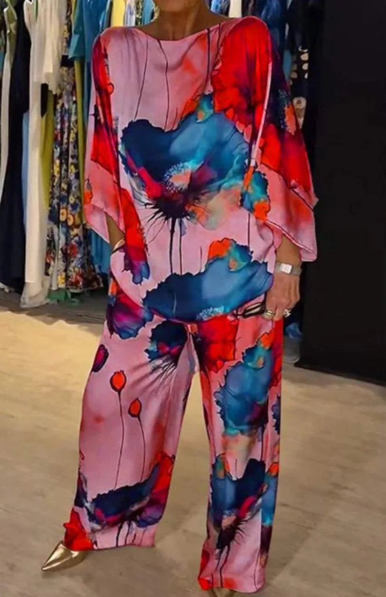 Conjuntos Para Majerus 2 Piazzas Women Printed Satin Two-piece Set, 3/4 Sleeve Round Neck Pants, Summer Fashion, pant Sets