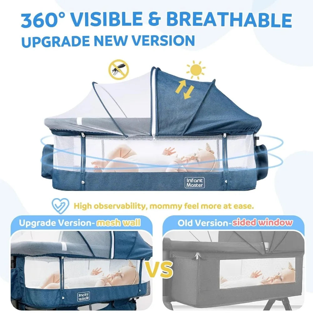 3 in 1 Baby Bassinet, Upgraded Beside Crib with 360° Highly Visible Mesh wall, Comfy Co-sleeper Bassinet with mattress, 5 Level