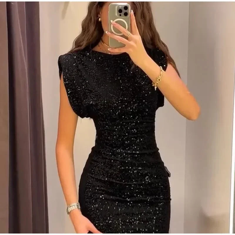 Elegant Woman Black Shiny Sleeveless Mini Dress Sexy Lace Up O Neck Slim Waist Short Dresses New Evening Party Vestidos 2025