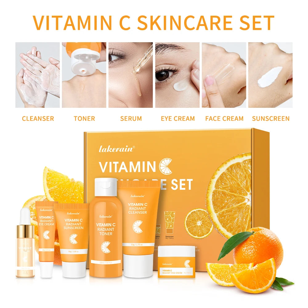 6pcs/set Vitamin C Skin Care Set Deep Cleansing Facial Cleanser Face Cream Moisturizing Anti Wrinkles Face Care Kit Gift Box