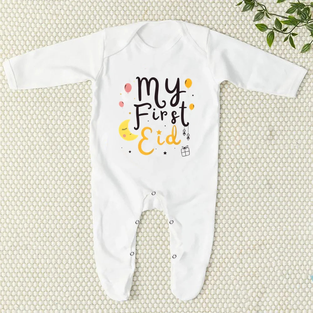 My First Eid/Ramadan Print Baby Sleepsuit Newborn Bodysuit Infant Long Sleeve Romper Ramadan Islamic Muslim Baby Keepsake Outfit