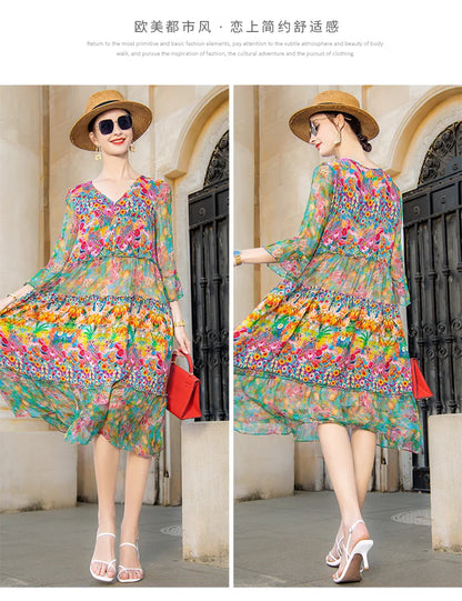 High Quality Summer 2025 Beach Boho Vintage Print Chiffon V Neck Dress Elegant Party Robe Designer Vespids Loose Midi Dress