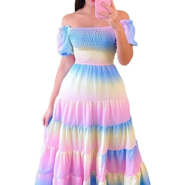 Elegant Women's Off Shoulder Midi Dress 2025 Summer Fashion dresses High Waist Flower Print Short  Sleeve Dress Robe Clothing