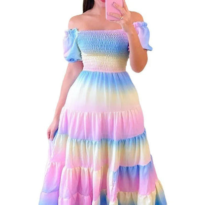 Elegant Women's Off Shoulder Midi Dress 2025 Summer Fashion dresses High Waist Flower Print Short  Sleeve Dress Robe Clothing