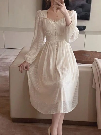 2025 Summer New Women Fashion Elegant White Midi Dresses Vintage Princess Female Party A Line Clothes Prom Robe Vestdios