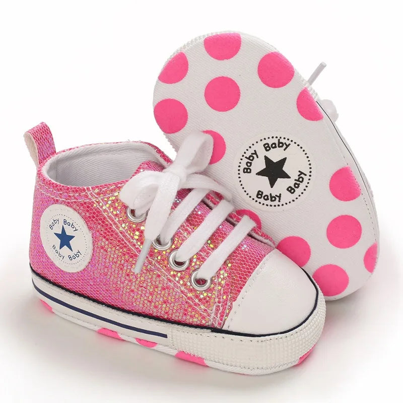 Baby Shoes Bling Canvas Infant Baby Girls Shoes Lace-up Comfortable Boy Sneaker Soft Sole Anti-slip Toddler First Walkers