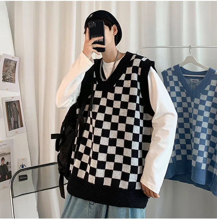 Men Knitted V Neck Japanese Vintage Loose Sleeveless Plaid Vests Chic Pullovers Chaleco Hombre Blue Checkerboard Sweater Vest
