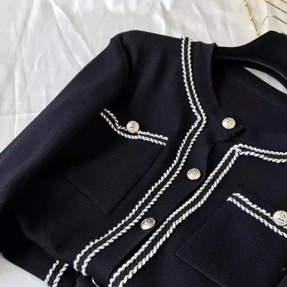 Women Casual Knitted 2 Pieces Sets Korean Cropped Knitwear Sweater Cardigan Tops Conjuntos High Waist Ankle Length Pants Suits