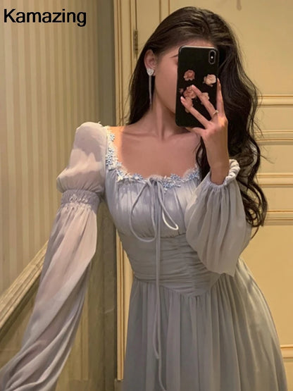 Elegant Square Collar Lace Dress Princess Evening Party Midi Dresses Women Autumn High Waist A-line Prom Robe One Piece Vestidos