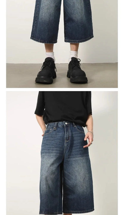 Retro Y2k Baggy  Women Men  Black Jeans Low Waist Casual Wide Pants Frayed Denim Shorts Big Size Clothes