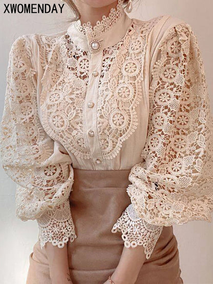 Women Chiffon Button Turtleneck Shirt Chic Elegant Floral Lace Fluffy Long Sleeve Top Fashion Hollow Oversize White Blouse 2025