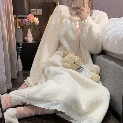 Square Collar Women Pajamas Set Winter Sleepwear Fleece Velvet 2 Piece Pant Home Suit Fluffy Korean Solid Pajama Warm Night Wear