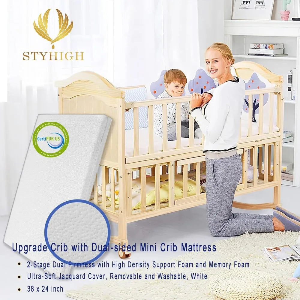 Mini Baby Crib 4 in 1 Convertible with Memory Foam Mattress(38"by 24") Included, Cunas para Babes 2024 Natural Wood Portable Crib