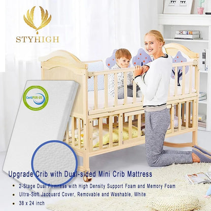 Mini Baby Crib 4 in 1 Convertible with Memory Foam Mattress(38"by 24") Included, Cunas para Babes 2024 Natural Wood Portable Crib