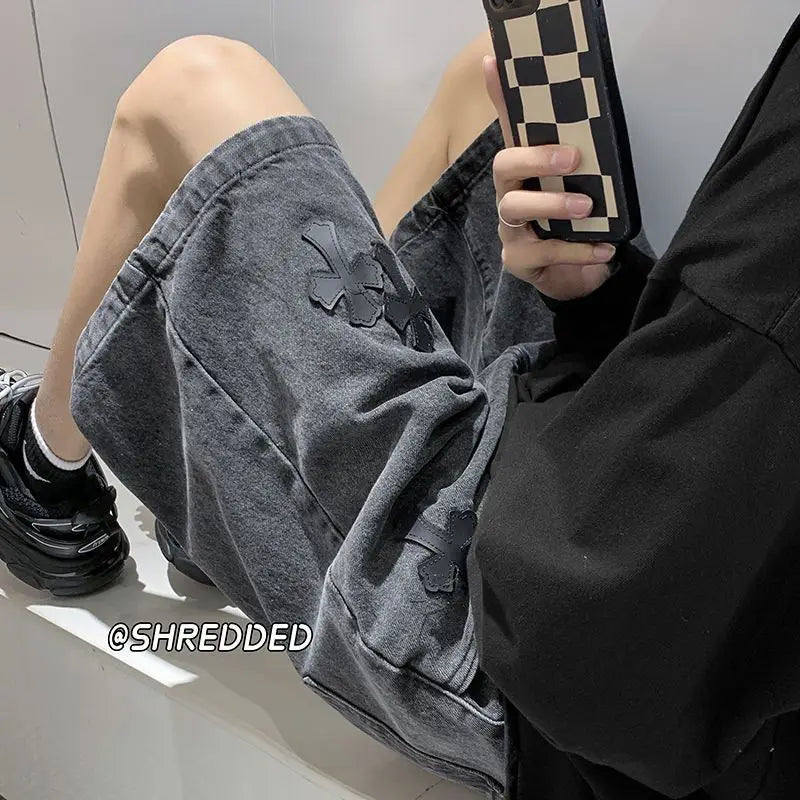 American cross-print denim shorts men's summer thin Hong Kong style loose trousers trendy brand retro casual mid-pants y2k tops