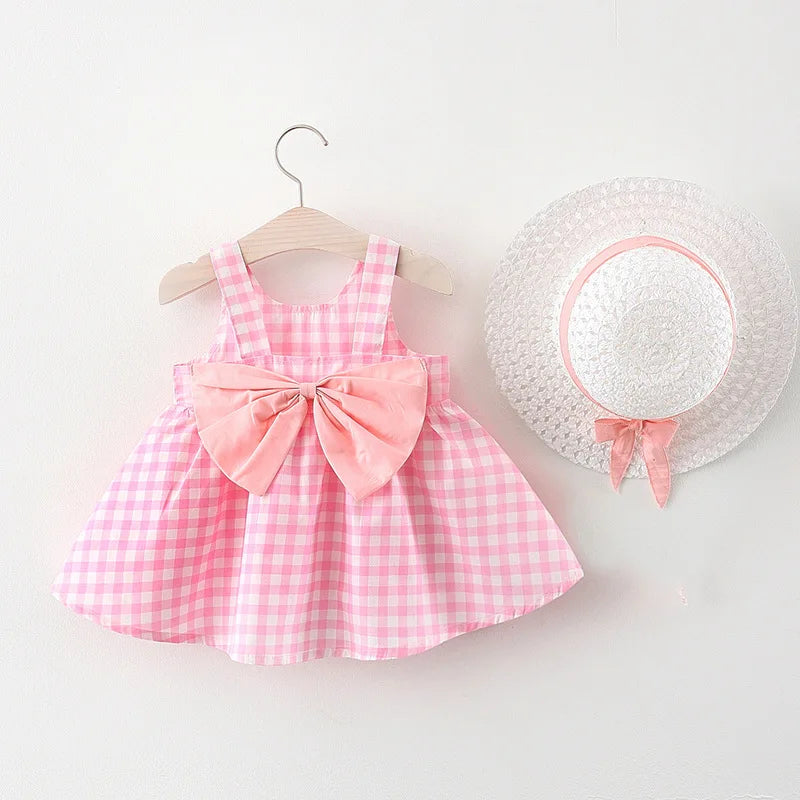 New In Summer Baby Girl Clothes Korean Cute Bow Dot Sleeveless Cotton Princess Dress+ Sunhat Toddler Dresses Sets BC007-1