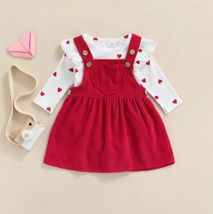2Pcs Newborn Baby Girl Clothes Set Floral Print Long Sleeve Romper Pocket Corduroy Strap Suspender Skirts Girls Spring Outfits
