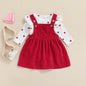 2Pcs Newborn Baby Girl Clothes Set Floral Print Long Sleeve Romper Pocket Corduroy Strap Suspender Skirts Girls Spring Outfits