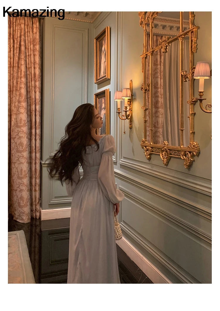 Elegant Square Collar Lace Dress Princess Evening Party Midi Dresses Women Autumn High Waist A-line Prom Robe One Piece Vestidos