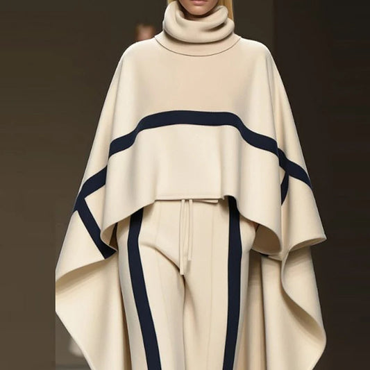 Casual Color Blocked Loose 2 Piece Set Fashion High Street Irregular Outfits 2025 Winter Lady Turtleneck Cloak Top + Pants Suit