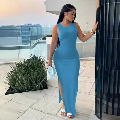 Sexy Sleeveless Knitted Long Dress for Women Fashion O-neck Pure Color Bodycon Dress Summer Split Package Hips Party Dress Black