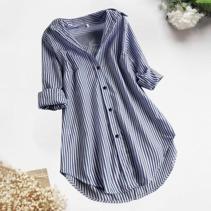 M-4XL Women Tunic Shirt Striped Long-sleeves V Neck Mid Long Turn-down Collar Loose Fit Casual Summer Elegant Ladies Blouse Top