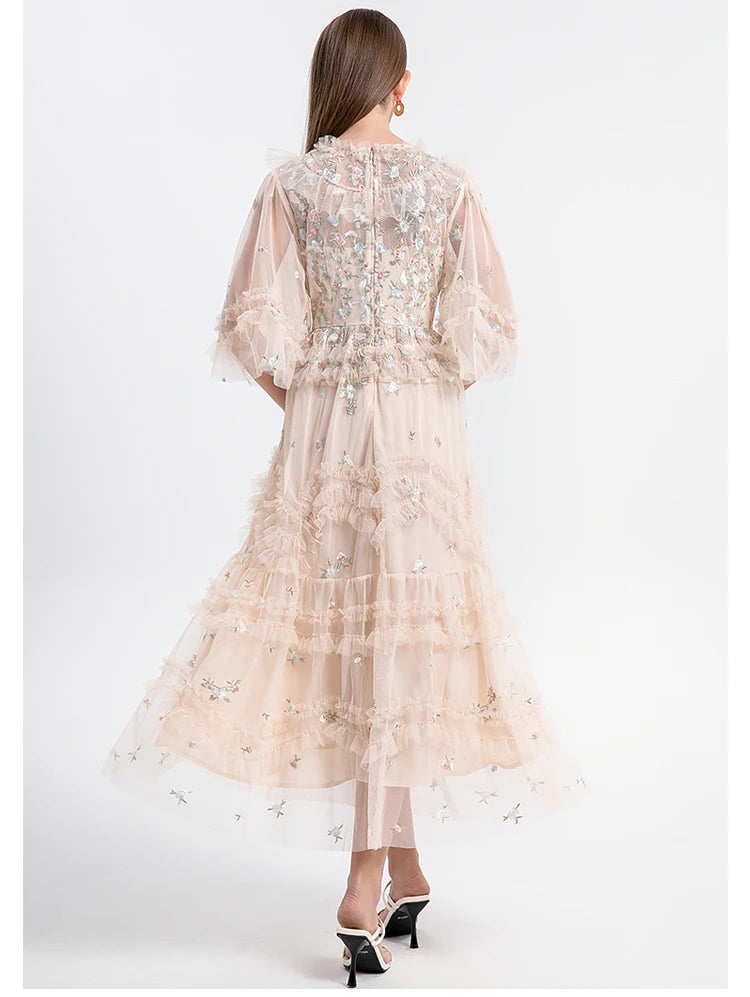 Runway Luxury Long Dresses Women 2025 Summer Holiday Embroidery Flower Ruffles Midi Party Evening Dress Lady Prom Vestidos