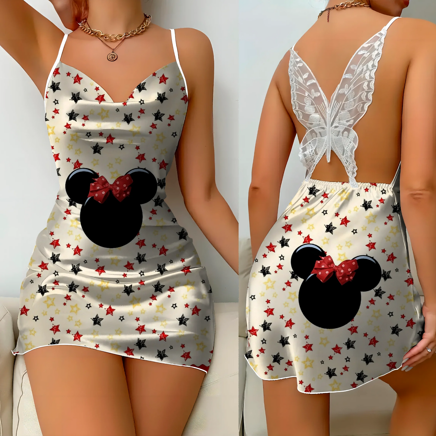 Minnie Mouse Backless Dress Fashion Summer Dresses 2025 Pajama Skirt Bow Knot Mickey Disney Satin Surface Women's Elegant Women