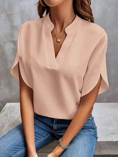 Summer Elegant Women's Blouse New V-neck Short Sleeve Solid Color Loose Shirt Casual White Tops Office Lady Blouse