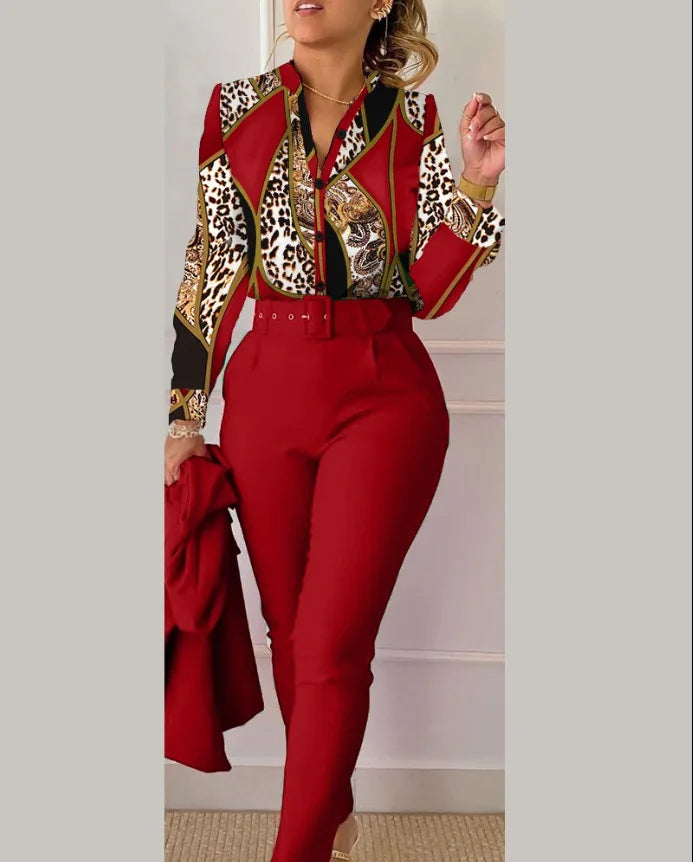 Elegant Women Printed Two Piece Suit Sets Spring Autumn V Neck Long Sleeve Shirt Top & Long Pants Set With Belt Workwear Outfits
