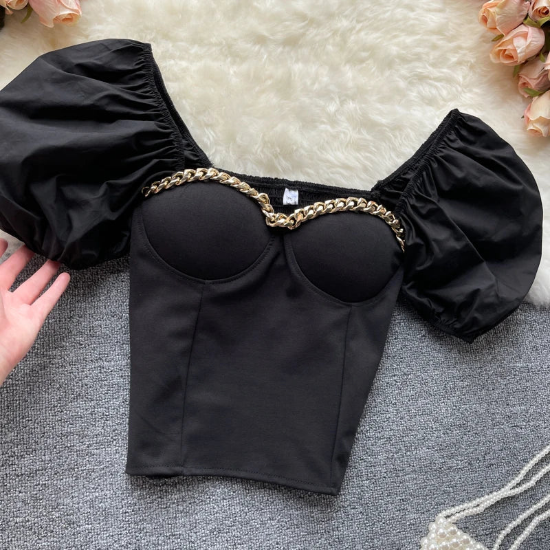 Belly Button Shirt Chic Chain Off Shoulder Expose Clavicle Tank Top Summer Puff Sleeve Crop Tops Women Elegant Sexy Slim Blouses