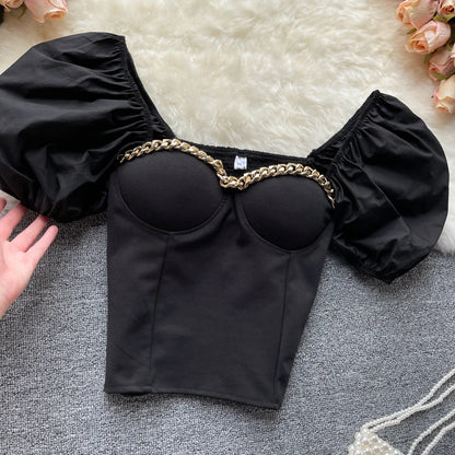 Belly Button Shirt Chic Chain Off Shoulder Expose Clavicle Tank Top Summer Puff Sleeve Crop Tops Women Elegant Sexy Slim Blouses