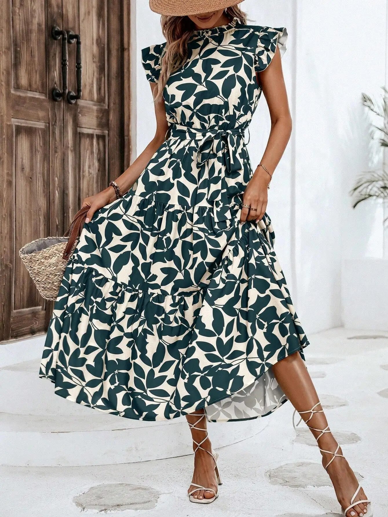 Elegant Women's Flower Midi Dress New Summer Fashion Stand Collar Flying Sleeve Lace Up Dress Casual Beach Holiday Dresses Robe