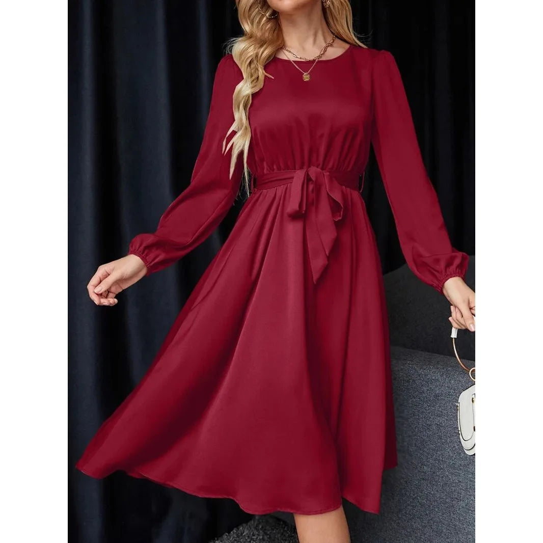 Summer Women's New Fashion Lantern Sleeves Keyhole Back Lace Up Waist Satin Round Neck Long Sleeve Medium Length Dress