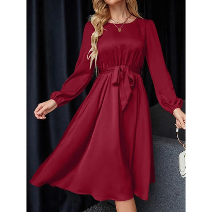 Summer Women's New Fashion Lantern Sleeves Keyhole Back Lace Up Waist Satin Round Neck Long Sleeve Medium Length Dress