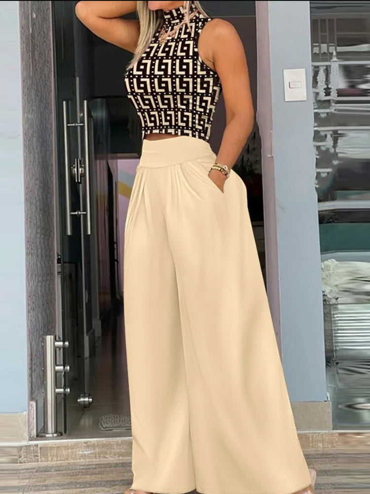 2025 Summer Fashion Printing Two Piece Set Women Casual Solid Sleeveless Tank Top Wide Leg Pants Two Piece Set Women
