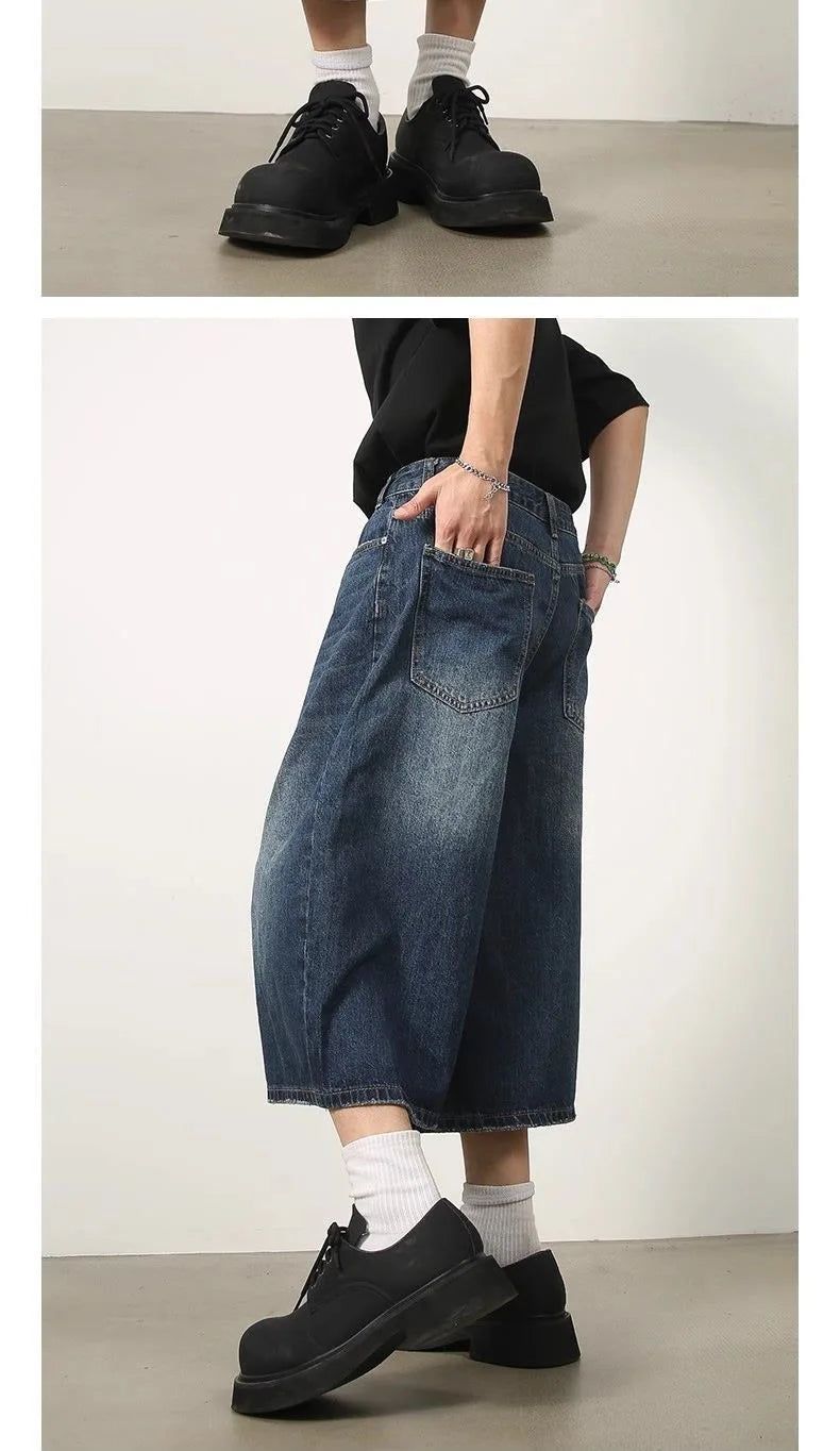 Retro Y2k Baggy  Women Men  Black Jeans Low Waist Casual Wide Pants Frayed Denim Shorts Big Size Clothes