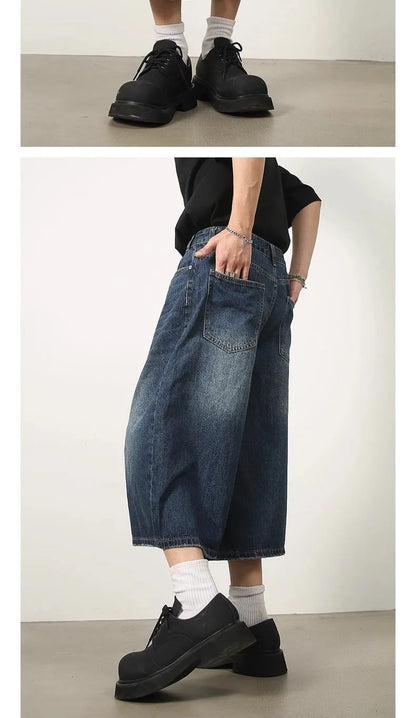 Retro Y2k Baggy  Women Men  Black Jeans Low Waist Casual Wide Pants Frayed Denim Shorts Big Size Clothes
