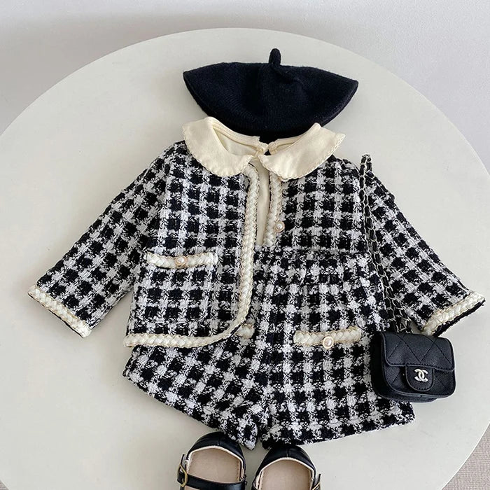 Autumn Winter Korean Style Newborn Baby Girls Clothing Set Long Sleeved Plaid Cardigan Coat+ Shorts 0-3Yrs Children Clothes Suit